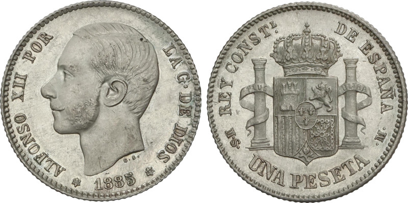 1 Peseta. 1885 ((*18-85). M.S.-M. Brillo original. BONITA PIEZA. RARA ASÍ. EBC+....