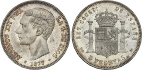 5 Pesetas. 1877 (*18-77). D.E.-M. Ligera pátina brillante y restos de brillo. EBC.