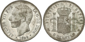5 Pesetas. 1884 (*18-84). M.S.-M. Restos de brillo original. EBC-.