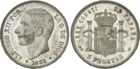 5 Pesetas. 1885 (*18-85). M.S.-M. (Leves golpecitos). Restos de brillo original. EBC+.