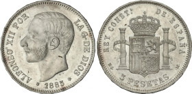 5 Pesetas. 1885 (*18-86). M.S.-M. Restos de brillo original. (Leves rayitas). EBC.