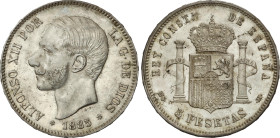 5 Pesetas. 1885 (*18-86). M.S.-M. (Golpecitos). EBC-.