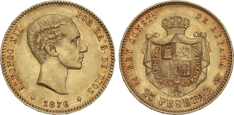 25 Pesetas. 1876 (*18-76). D.E.-M. Pátina. Dos cifras de estrella algo flojas pe...