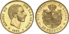 25 Pesetas. 1885 (*18-85). M.S.-M. Brillo original. (Leves golpecitos en gráfila). BONITA PIEZA. MUY ESCASA. SC-.