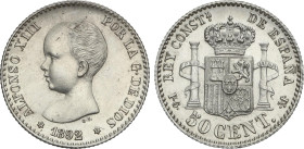 50 Céntimos. 1892/89 (*9/8-2). P/M.G.-M. Corrección de ensayador visible en la parte superior derecha de la P. AC-33; VS-141.1. EBC.