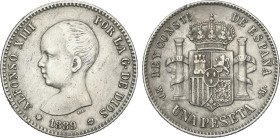 1 Peseta. 1889 (*18-89). M.P.-M. (Leves rayitas). MUY ESCASA. MBC.