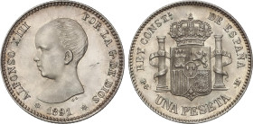 1 Peseta. 1891 (*18-91). P.G.-M. Brillo original. Bonita pátina. BELLO EJEMPLAR. EBC+.