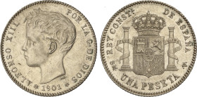 1 Peseta. 1901 (*19-01). S.M.-V. Restos de brillo original. (Pequeñas rayitas). EBC/EBC+.