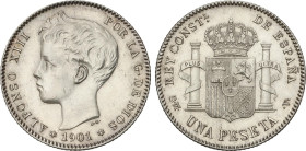 1 Peseta. 1901 (*19-19). S.M.-V. Error de punzonado en la 2ª estrella. MUY RARA. AC-62. EBC.