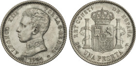 1 Peseta. 1904 (*19-04). S.M.-V. Cero partido en la segunda estrella ¶. AC-69; Al-158.VIII. EBC.