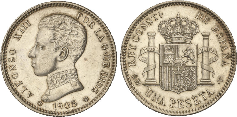 1 Peseta. 1905 (*19-05). S.M.-V. (Ligeramente limpiada). RARA ASÍ. (EBC+).