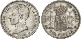 1 Peseta. 1905 (*19-05). S.M.-V. (Leves rayitas). ESCASA. MBC+.