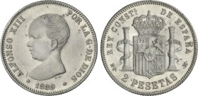 2 Pesetas. 1889/88 (*18-89/99). M.P.-M/ M.S.-M. Rectificación de fecha visible en la parte superior derecha del 9. Rectificación de ensayador visible ...