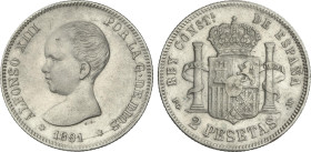 2 Pesetas. 1891 (*18-91). P.G.-M. Cifras de la segunda estrella apenas visibles. (Leves rayitas de limpieza). MBC+/MBC.