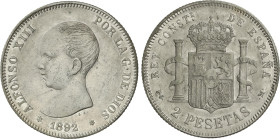2 Pesetas. 1892 (*18-92). P.G.-M. El 8 de la primera estrella visible pero algo flojo. MBC+.