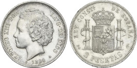 2 Pesetas. 1894 (*18-94). P.G.-V. (Ligeramente limpiada y leves rayitas). EBC/EBC-.