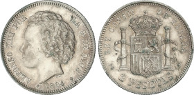 2 Pesetas. 1894 (*18-94). P.G.-V. El 4 de la segunda estrella flojo. EBC-.
