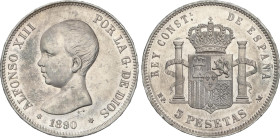 5 Pesetas. 1890 (*18-90). M.P.-M. Ligera pátina y restos de brillo. (Leves golpecitos). EBC.