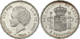 5 Pesetas. 1893 (*18-93). P.G.-L. Parte de brillo original. (Rayitas y golpecitos en gráfila). EBC.