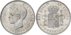 5 Pesetas. 1897 (*18-97). S.G.-V. (Oxidación en canto). Brillo original. EBC+.