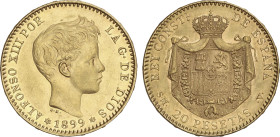 20 Pesetas. 1899 (*18-99). S.M.-V. 6,44 grs. Restos de brillo original. EBC.