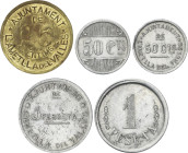 Serie 5 monedas 25, 50 Cèntims (2) y 1 Pesseta (2). Aj. de L´ AMETLLA DEL VALLÈS. Al (4) y Latón. Serie completa. Las de 50 Cèntims y 1 Pesseta con y ...