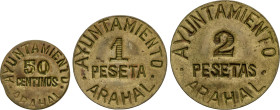 Serie 3 monedas 50 Céntimos y 1 y 2 Pesetas. Ay de ARAHAL. Latón. AC-40/42; HG-230/232. EBC.