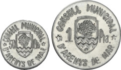 Serie 2 monedas 50 Cèntims y 1 Pesseta. C.M. d´ ARENYS DE MAR. Al. (La de 50 Cèntims con leve defecto de acuñación en canto y raya en la de 1 Pesseta)...