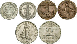 Serie 3 monedas 50 Céntimos, 1 y 2 Pesetas. 1937. CONSEJO DE ASTURIAS Y LEÓN. AE y CuNi (2). HG-197/199; Vti-L1/L3. MBC+ a EBC-.