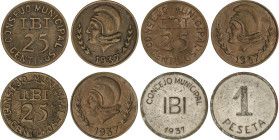 Serie 4 monedas 25 Céntimos (3) y 1 Peseta. 1937. C.M. de IBI. AE (3) y latón niquelado. Serie completa con las 3 variantes de 25 Céntimos. ESCASA. AC...
