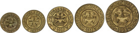 Serie 5 monedas 5 Céntimos a 2,50 Pesetas. 1937. C.M. de MENORCA. Latón. La de 2,50 Pesetas con manchitas. AC-20/24; HG-203/7. EBC+ a SC.