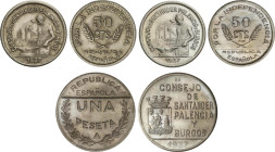 Lote 3 monedas 50 Céntimos (2) y 1 Peseta. 1937. CONSEJO de SANTANDER,  PALENCIA Y BURGOS. CuNi. AC-33/35; Vti-L4, L4a, L5. EBC a SC.