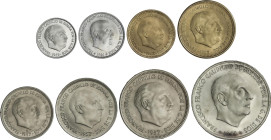 Serie 8 monedas 10 Céntimos a 100 Pesetas. Serie completa (*19-67). La de 2, 50 Pesetas es 1953 (*19-56). Incluye 1 Peseta 1963 (*19-67). En tira orig...