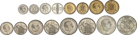 Serie 8 monedas 10 Céntimos a 100 Pesetas. (*70). En tira original F.N.M.T. PRUEBAS.