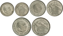 Serie 3 monedas 5, 25 y 50 Pesetas. 1957. (*BA). I Exposición Iberoamericana Numismática y Medallística. Barcelona.. Con sobre de celofán original. SC...