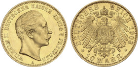 10 Mark. 1903. WILHELM II. PRUSSIA. 3,96 grs. AU. (Leves rayitas). KM-520. EBC-.
