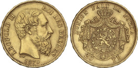 20 Francs. 1870. LEOPOLD II. 6,42 grs. AU. Fr-412; KM-32. MBC+.