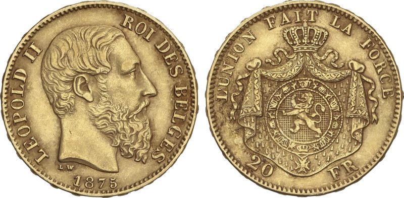 20 Francs. 1875. LEOPOLD II. 6,44 grs. AU. Fr-412; KM-37. MBC+.