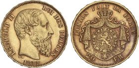 20 Francs. 1877. LEOPOLD II. 6,44 grs. AU. Fr-412; KM-37. EBC-.