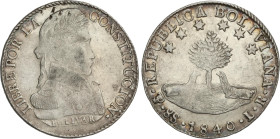 8 Soles. 1840. POTOSÍ. L.R. 26,87 grs. Ligera pátina y restos de brillo. AR. KM-97. MBC+.