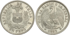 1 Peso. 1883. SANTIAGO. 24,86 grs. AR. Brillo original. KM-142.1. EBC+.