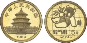 5 Yuan. 1989. 1,56 grs. AU. Panda. KM-183. PROOF.