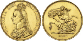 5 Pounds. 1887. VICTORIA. 39,85 grs. AU. (Ex Prrof, limpiada). Fr-390; KM-769. EBC+.