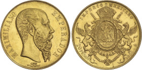 20 Pesos. 1866. 33,67 grs. AU. Maximiliano Emperador (1832-1867). (Leves golpecitos en anverso). MUY ESCASA. Fr-62; KM-389. EBC.