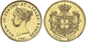 2.500 Reis. 1851. MARIA II. 4,46 grs. AU. (Golpecito en canto). Fr-143; KM-487. EBC-.