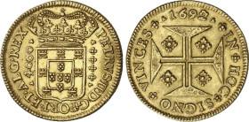 4.000 Reis. 1692. PEDRO II. 10,71 grs. AU. ESCASA. Fr-76; KM-156. EBC.