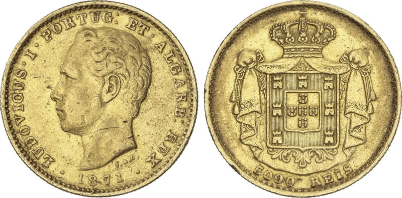 5.000 Reis. 1871. LUIZ I. 8,8 grs. AU. (Golpecitos). Fr-153; KM-516. MBC.