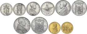 Serie 5 monedas 1, 2, 5, 10 y 100 Lire. 1950. PIO XII. AU y AR. Año Santo. En cartera blanca original. KM-MS44. FDC.