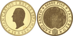 80. 000 Pesetas. 1993. AÑO SANTO JACOBEO 1993. 27 grs. AU. Medallón de la cofradia francesa de Santiago. PROOF.