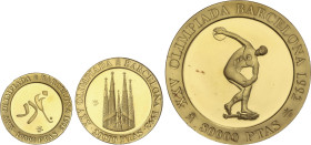 Lote 3 monedas 10.000, 20.000 y 80.000 Pesetas. 1990. AU. I Serie completa en oro: Hockey, Sagrada Familia y Atleta Cósmico. Sin estuches ni certifica...